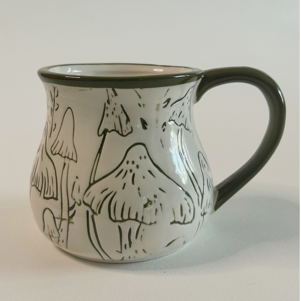 Mushroom Coffee Mug Cream & Green Botanical Garden Whimsical